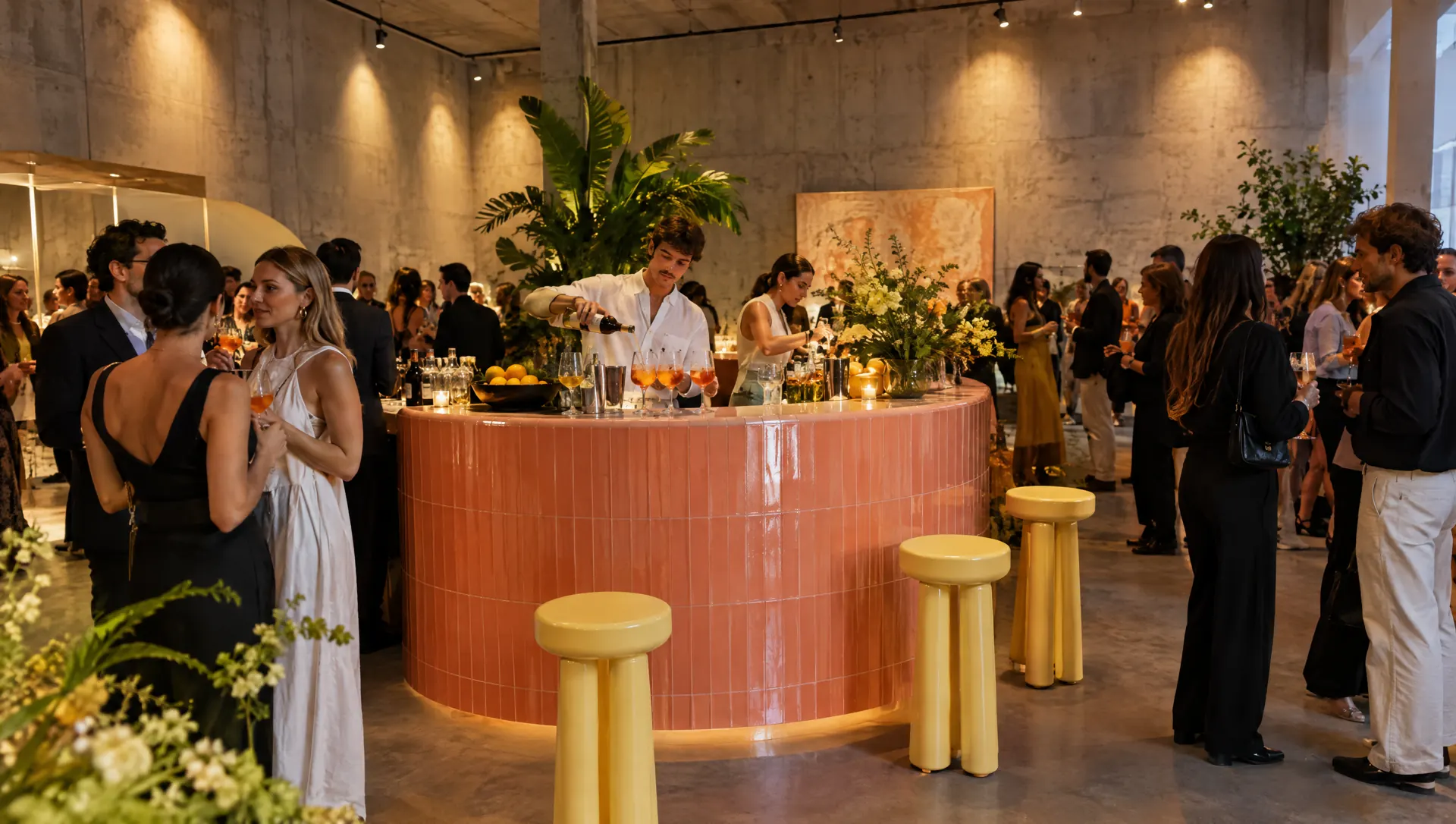 Vela Air launch: a coral bar for 600 in a concrete gallery.